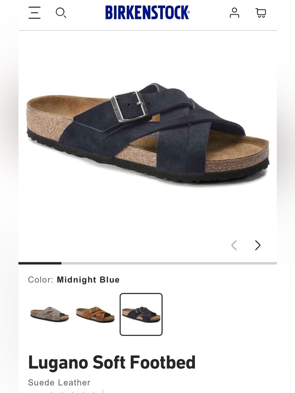 Birkenstock Lugano Soft Footbed Suede Sandal in Midnight size 40